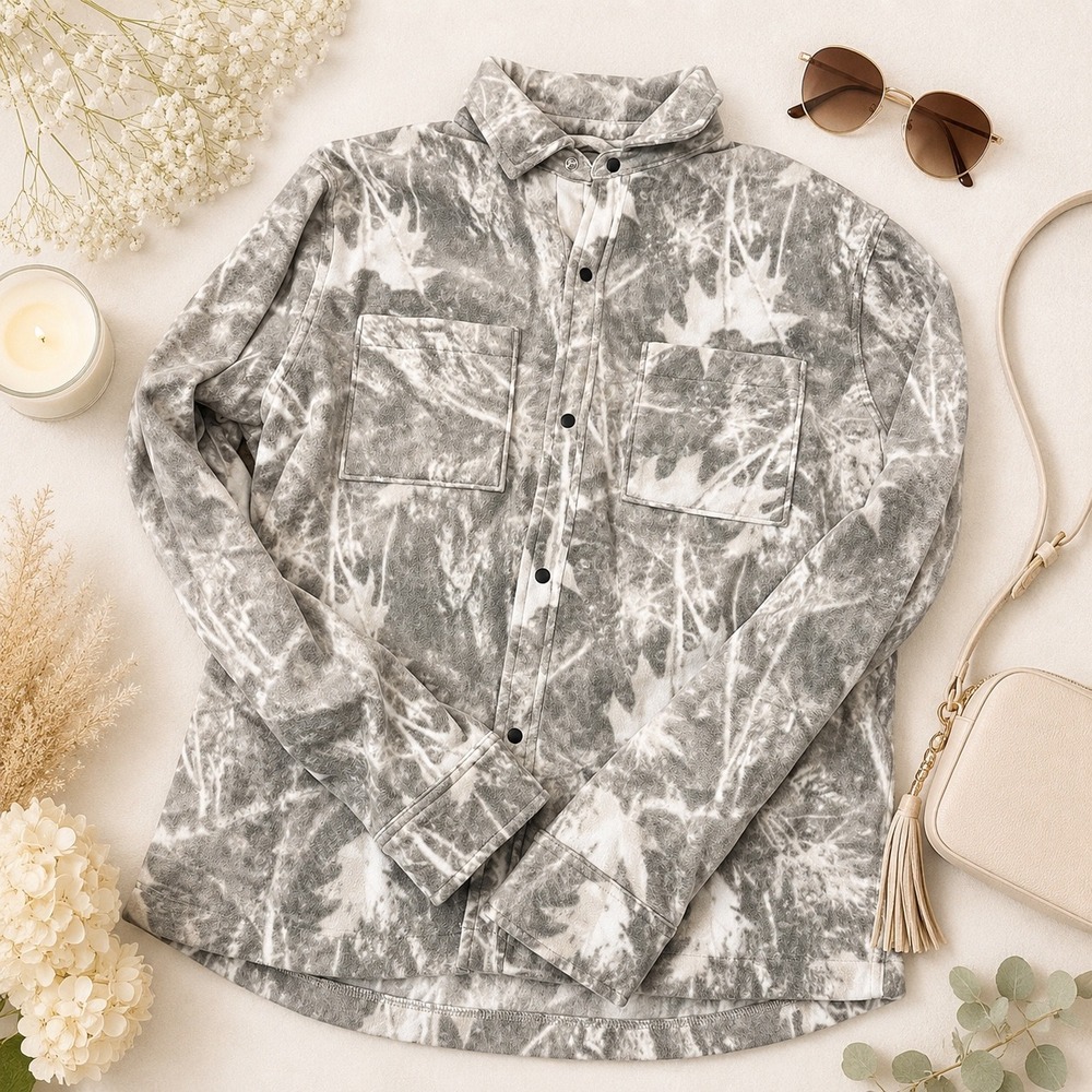 Arizona Jean Co Grey Tie Dye Leaf Fleece Shacket Snap Front Shirt Jacket Mens M
